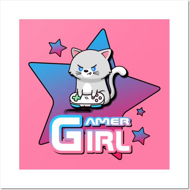 Gamer Girl Cat Stars Wall Art by AlondraHanley